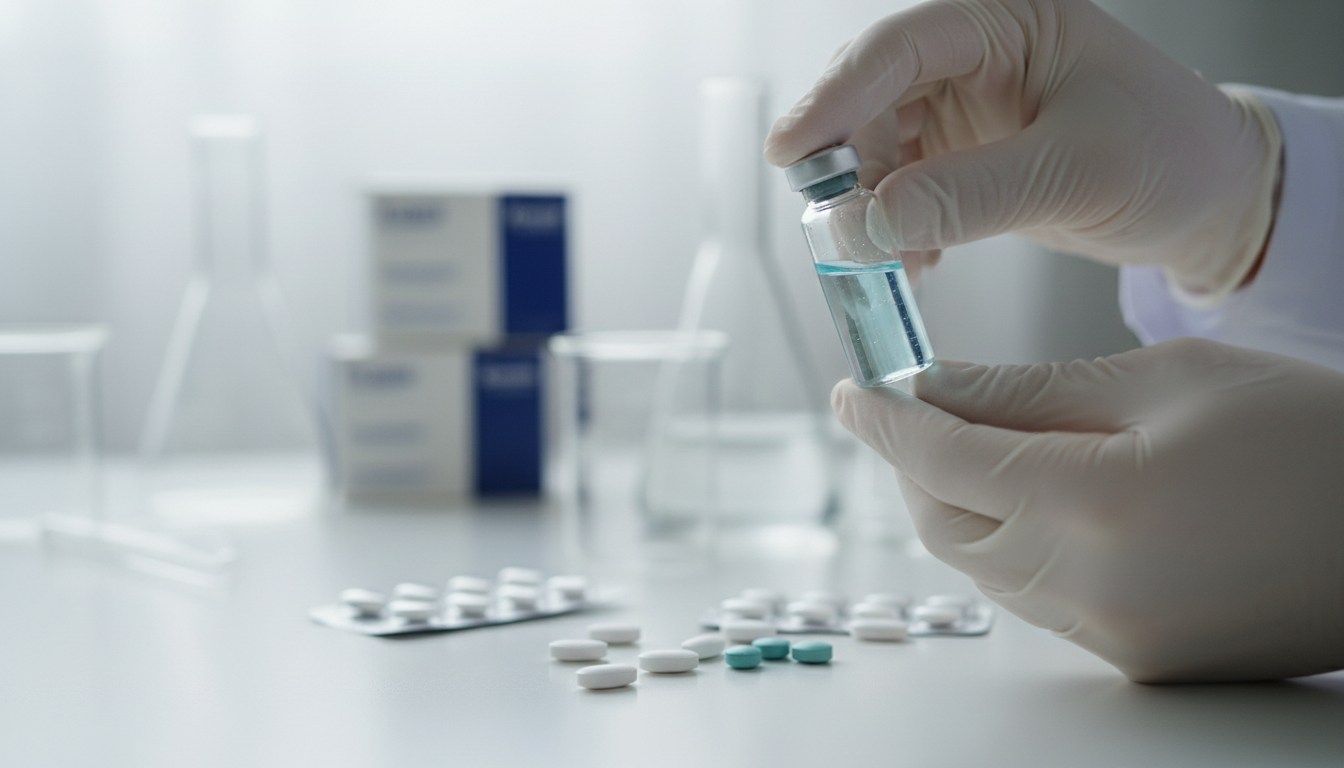 Pharmaceutical researcher inspecting a vial in a clean laboratory